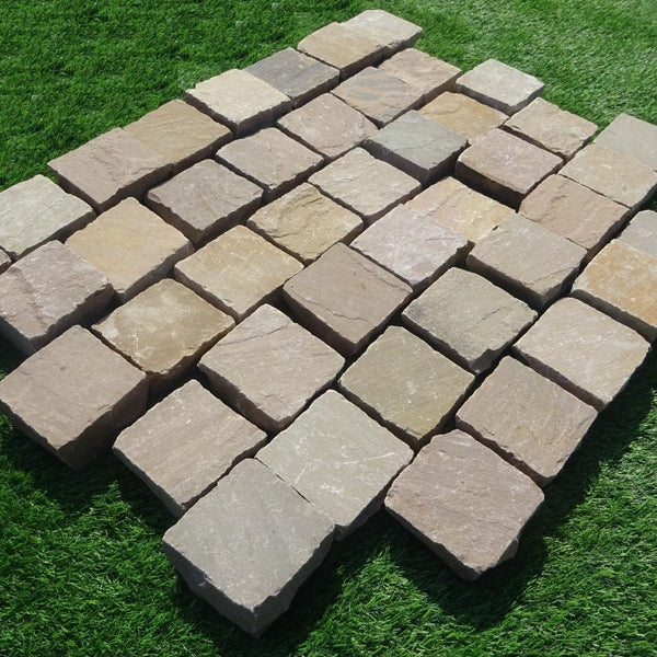 Raj Green Sandstone Setts & Cobbles 100x100x50 Stone Paving Direct